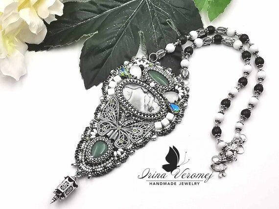Large white green handmade OOAK pendant with...