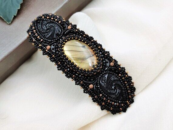 Large Black OOAK Gold Labradorite Beaded Hair...