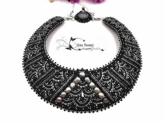 Handmade Black Beaded Statement Necklace, Fre...