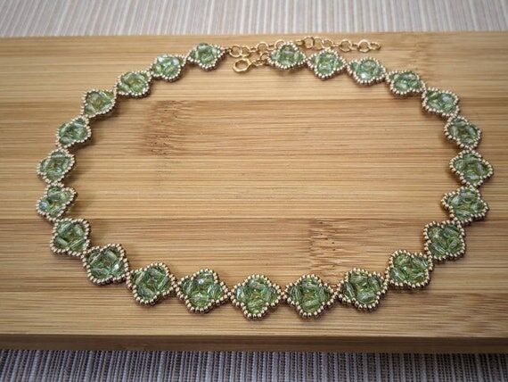 Seafoam Green Glass Choker, Gold Seed Bead St...