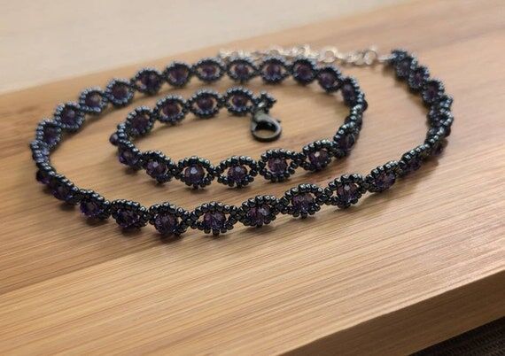 Dark Purple Glass Beaded Choker, Handmade Vin...