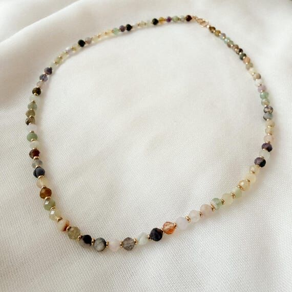 Mixed Gemstone Beaded Necklace | Minimalist E...