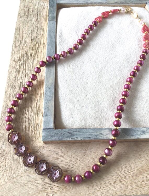 Handmade Pink Magenta Pearl Hematite Necklace...