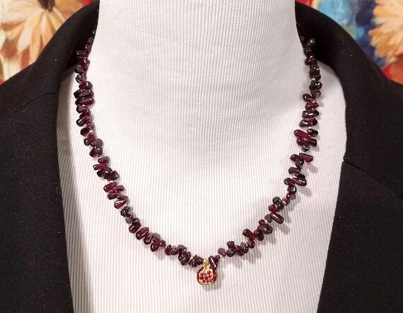 Dark Red Garnet Gemstone and 14K Gold Pomegra...