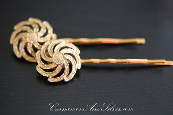 Vintage Gold Pinwheel Bobby Pins, Upcyled Vin...