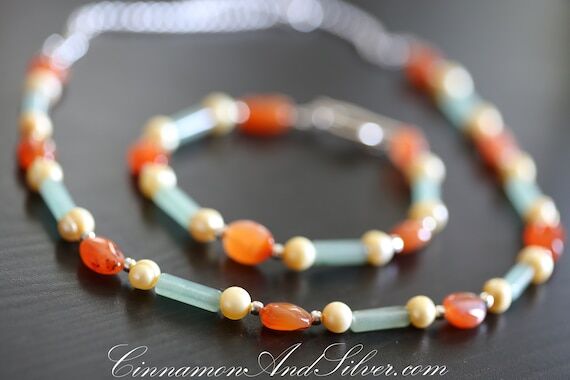 Orange Carnelian and Green Jade Beaded Gemsto...
