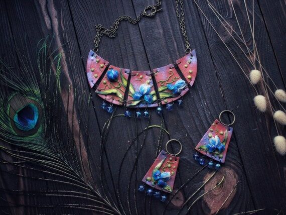 Artisan Polymer Clay Iris Jewelry Set: Statem...