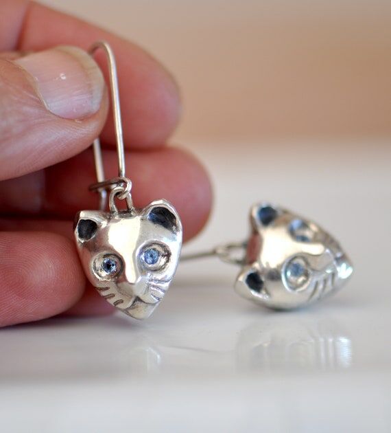Cat Dangle Earrings, aquamarine statement ear...