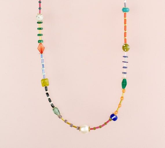Colorful beaded friendship necklace, rainbow ...