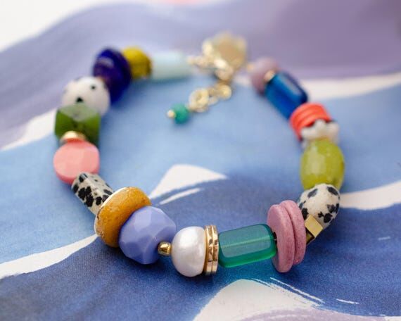 Handmade statement bracelet, colorful beaded ...