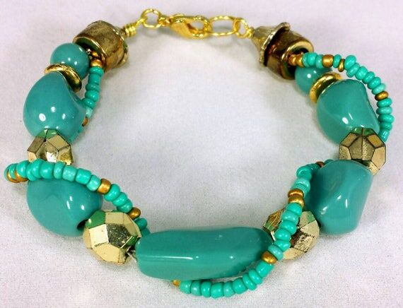 Gold Teal Twisted Bracelet Double Strand Geom...