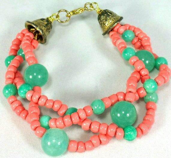 Pink Coral Teal Quartzite Gold Bracelet Mothe...