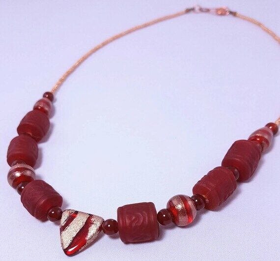 Red Copper Beaded Necklace Matinee Length Sin...