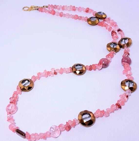 Opera Necklace Single Strand Salmon Pink Rhod...