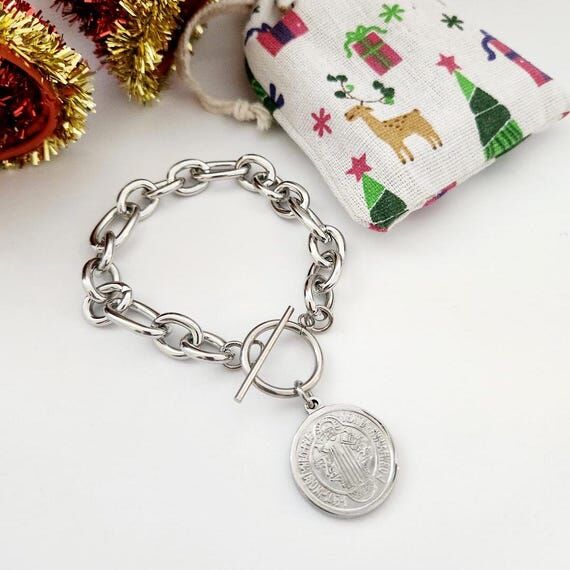 Saint Benedict Medal Bracelet in Silver, Thic...