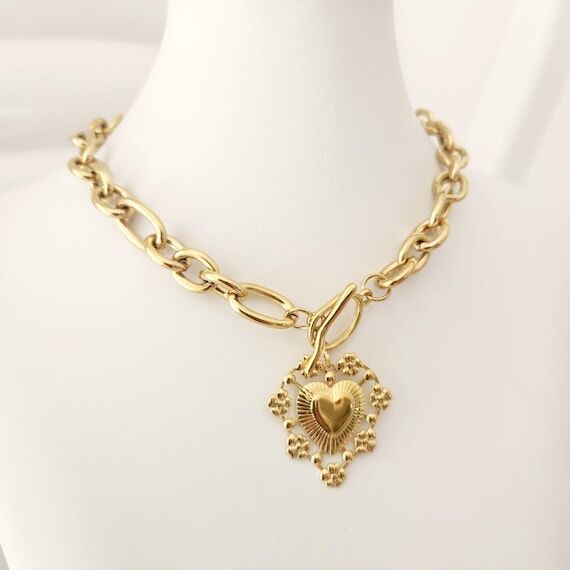Sacred Heart Gold Necklace, Ex-Voto, Thick Go...