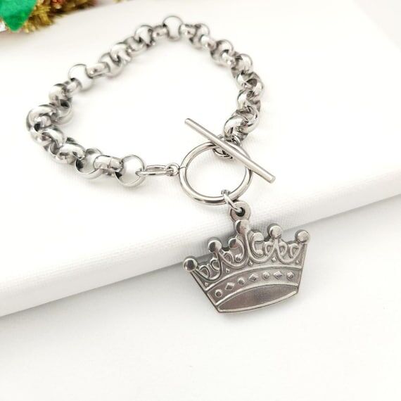 Silver Crown Bracelet, Thick Rolo Chain Brace...