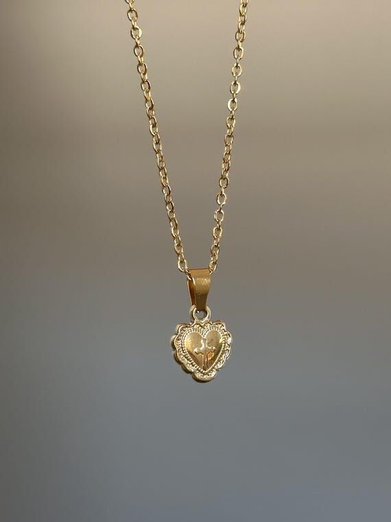 Mini Heart Cross Necklace: 18k Gold Stainless...