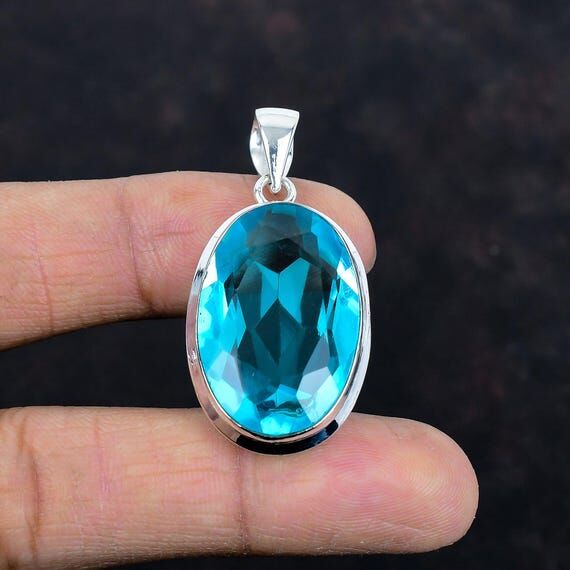 Faceted Swiss Blue Topaz Pendant: Handmade St...