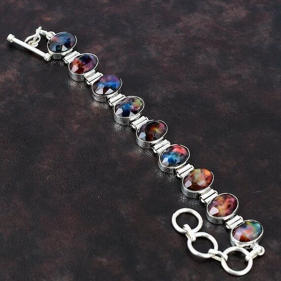 Faceted Ammolite Bracelet: Handmade 925 Sterl...