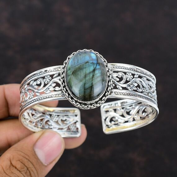 Labradorite Cuff Bracelet: Handmade 925 Sterl...