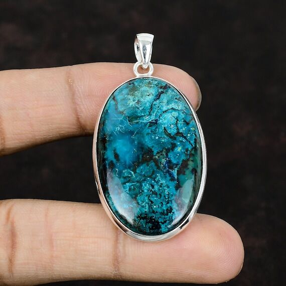 Handmade Chrysocolla Pendant: Oval Gemstone, ...