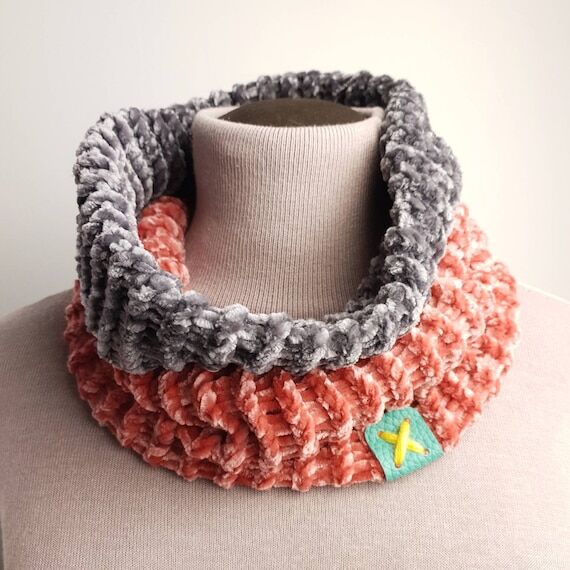 Handknit double rib cowl in soft velvet cheni...