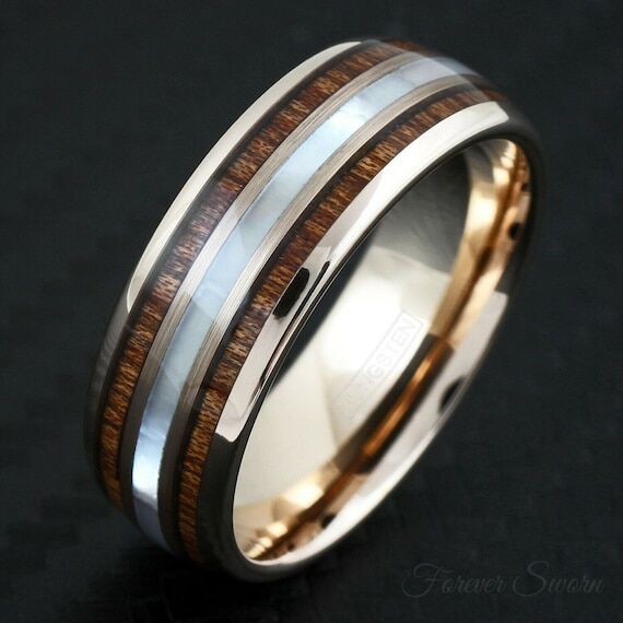 Rose Gold Mother of Pearl Wood Tungsten Ring ...