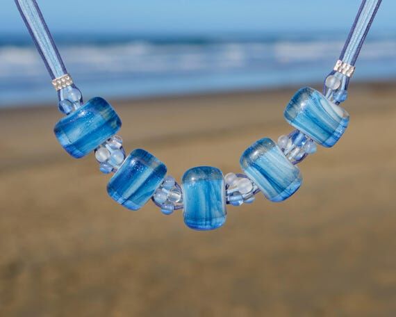 Blue Fused Glass Statement Necklace with Hand...