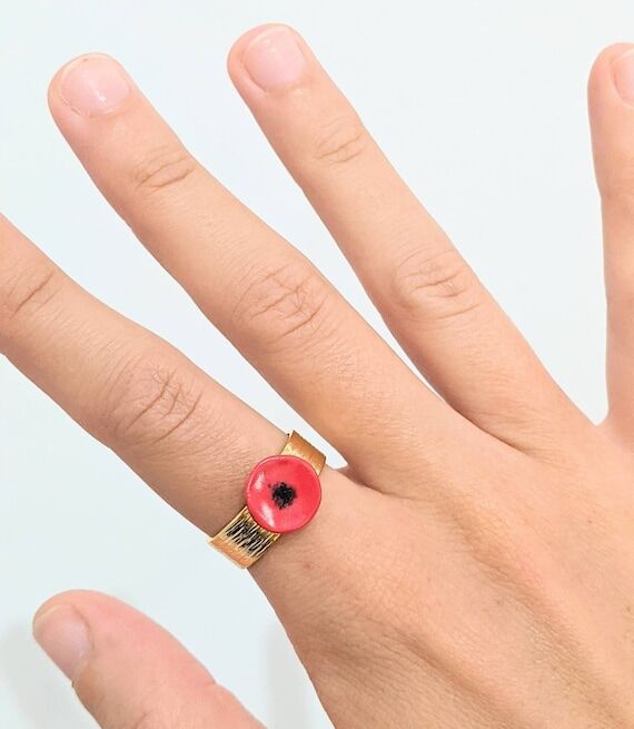 Ring with red poppy in polymer clay and wide ...