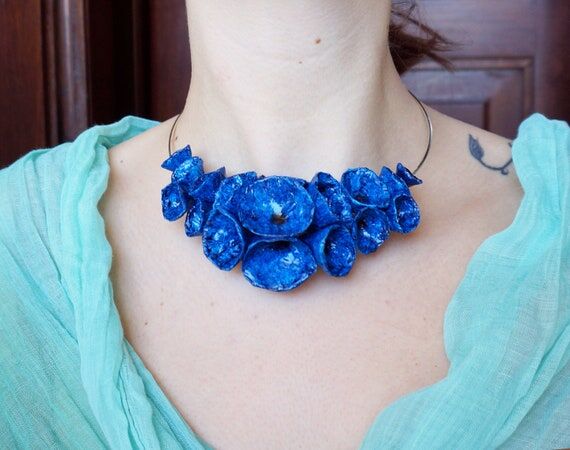 Necklace with blue flowers handmade, ceramic ...
