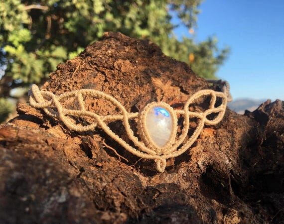 Macrame Moonstone Choker Necklace, Boho Festi...