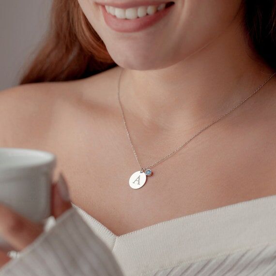 Silver Initial Necklace, Birthstone Necklace,...