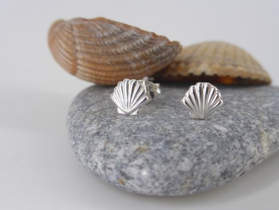 Silver Shell Stud Earrings, Sea Shell Studs...