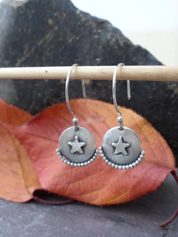 Oxidized Sterling Silver Star Disc Earrings: ...