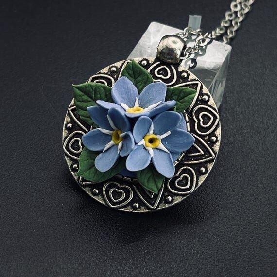 Forget Me Not Pendant Necklace, Blue Flower N...