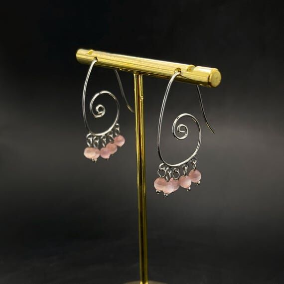 Pink Glass Bead Spiral Earrings, Stainless St...