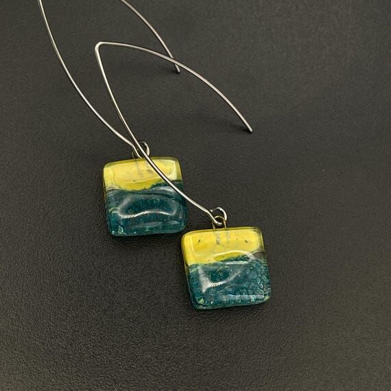 Handmade Fused Glass Earrings, Yellow Teal Gl...