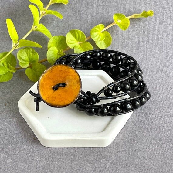 Black Leather black agate bracelets, Double W...