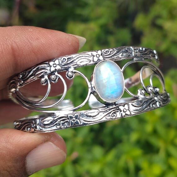 Rainbow Moonstone Sterling Silver Bangle: Han...