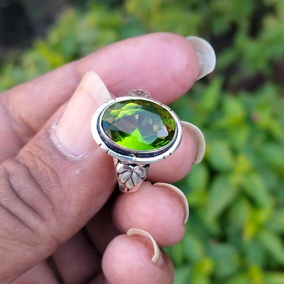 Faceted Peridot Ring: Handmade 925 Sterling S...