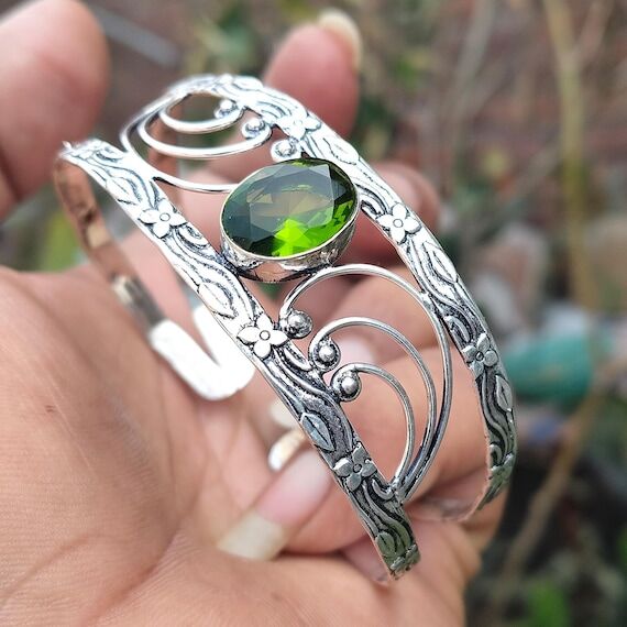 Handmade Peridot Gemstone Cuff: Sterling Silv...