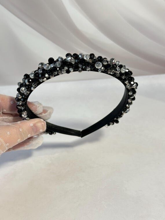 Black Crystal Jeweled Headband: Baroque Weddi...