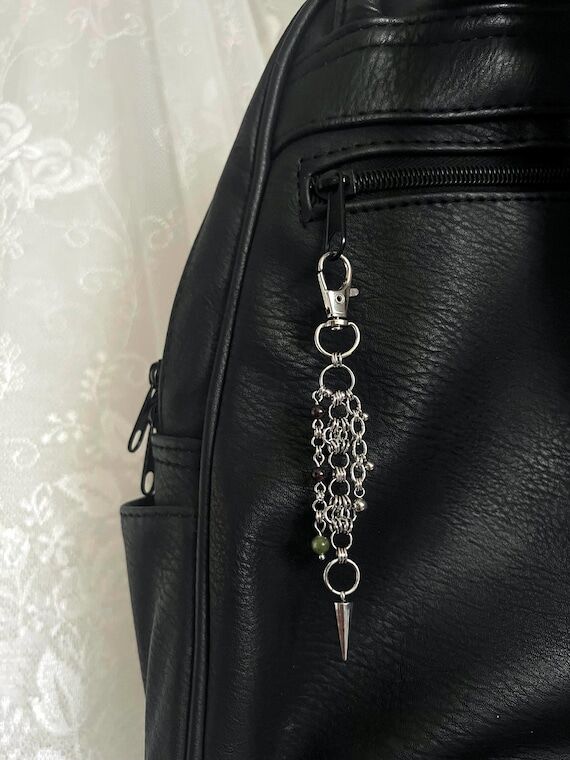 Gothic bag charm with natural jasper beads, d...