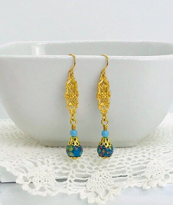 Japanese Tombo Earrings, Opaque Turquoise, Fi...