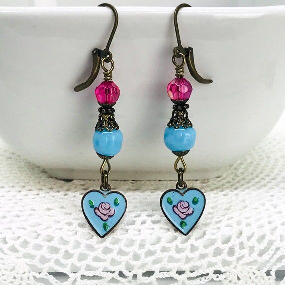 Handmade Earrings, Vintage Enameled, Heart Ea...