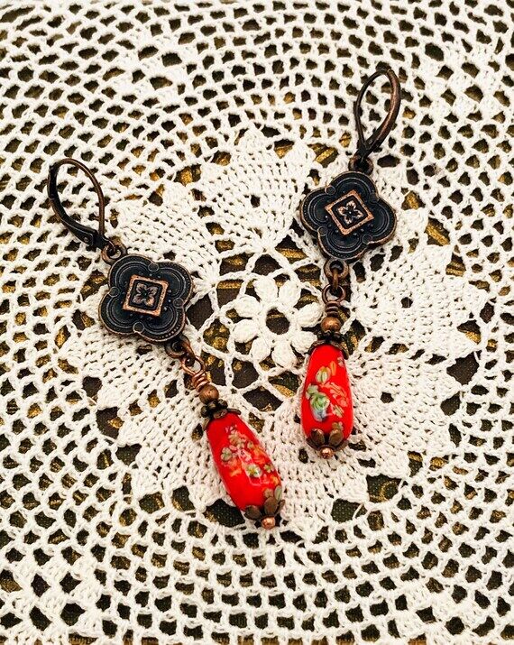 Japanese Tombo Bead Earrings, Rusted Iron Pew...