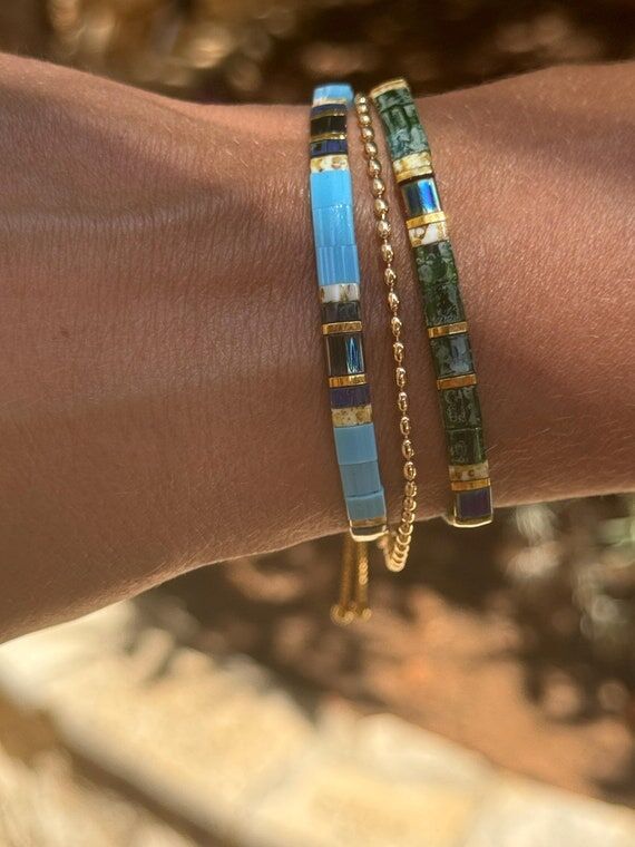 Blue Tila Bead Bracelet: Sterling Silver Slid...