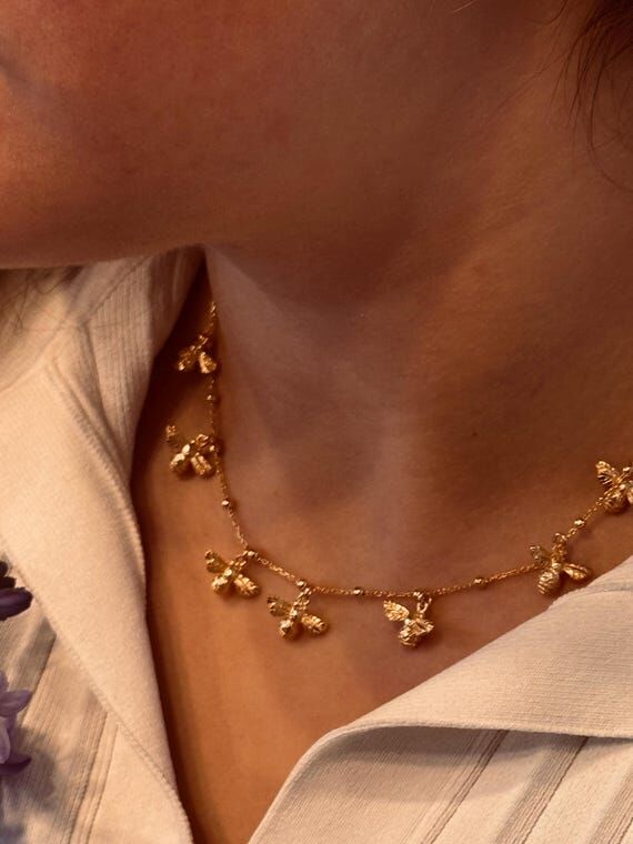 Baby Bee Necklace; Sterling Silver, Gold Plat...