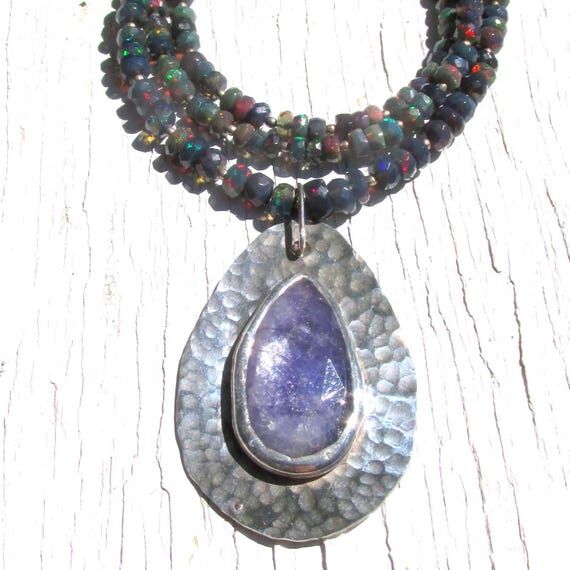 Faceted Black Opal Beads with Tanzanite & Ste...